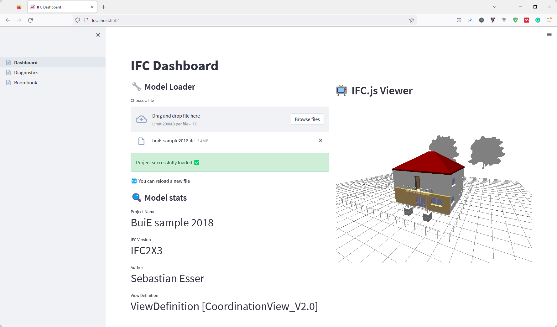 IFC dashboard showing model loading and a 3D viewer